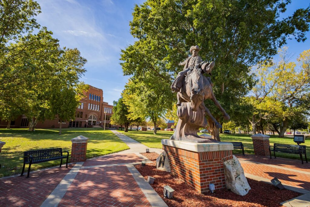 Oklahoma State University statue of equestrian spirit rider. 